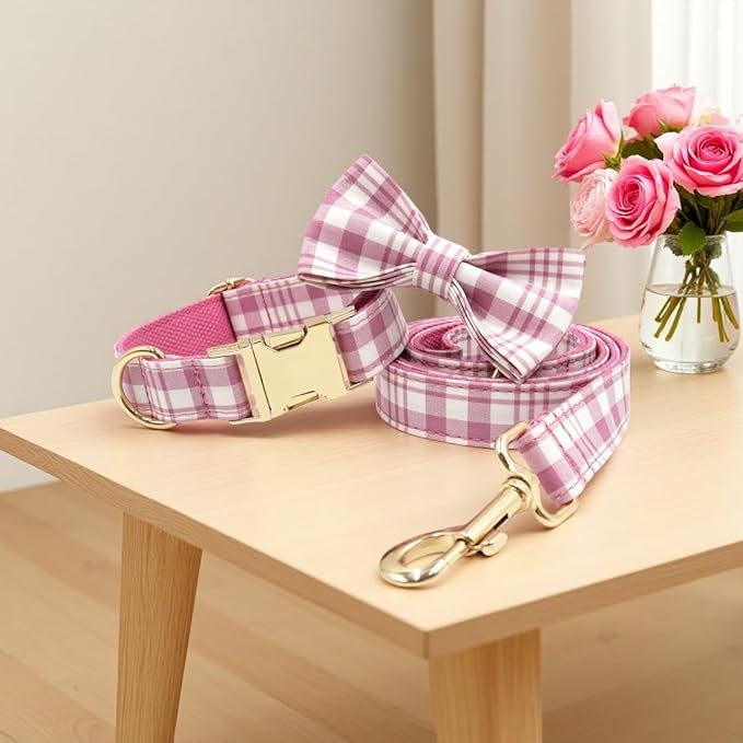 PETDURO Personalized Dog Collar Pink Plaid for Large Medium Dogs | Engraved Name and Phone Number on Gold Metal Buckle for Girls | Add Leash & Bow Tie via Customize Now