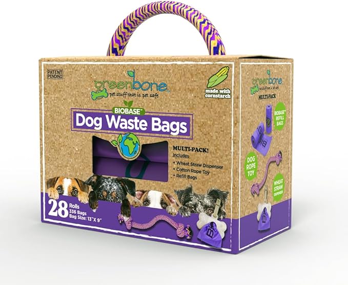 Greenbone BioBase Purple Dog Poop Bag Refills: 28 Rolls - 336 Bags with Dispenser and Rope Toy Handle- Dog Gift Set