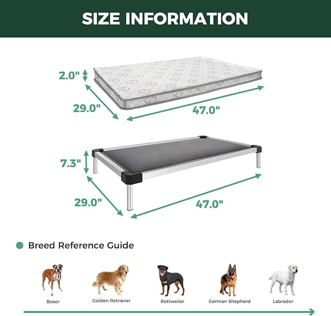 FXW TitanNest Chew-Proof Elevated Dog Bed, Raised Cot for Indoor/Outdoor/Camping Use, Durable & Washable Padded Pet Bed with Exclusive Cover for Large Dogs, 47.0" L x 29.0" W x 7.3" H, Gray
