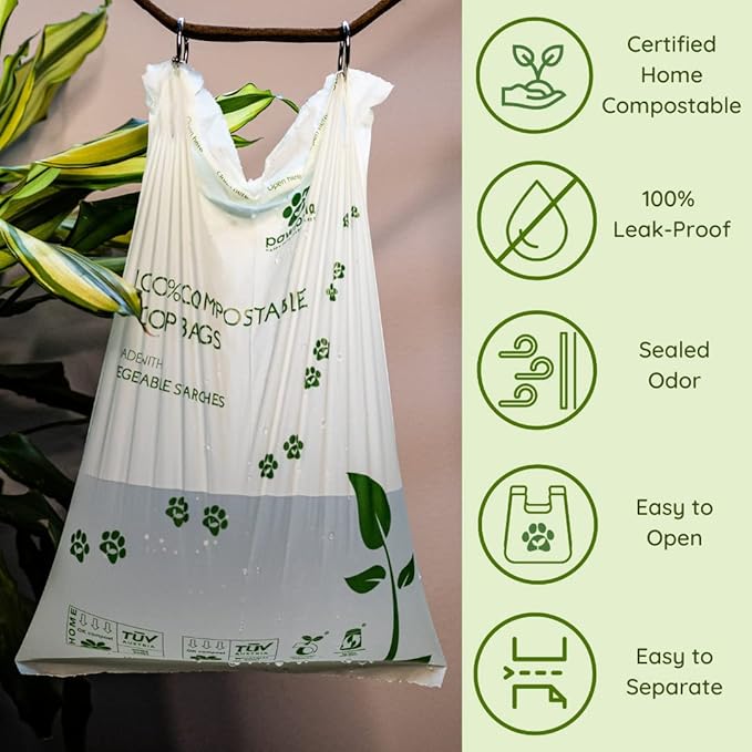 Pawtopia Pet Waste Bag Duo - 240 Standard Sized-Dog Poop Bags (16 rolls) + 100 Extra Large Cat Litter Bag with Handles (1 big roll), Vegetable Starches, Tuv Austria, Leak-Proof, Yard Pickup