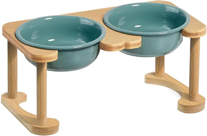 Elevated Ceramic Dog Bowls, Raised Dog Bowl with Anti-Slip Stand, Pet Feeding Dishes for Medium Sized Dogs, Weighted Pet Feeder Bowls, Dog Food and Water Bowl Set(6.3" Tall-28oz-Dark Green)