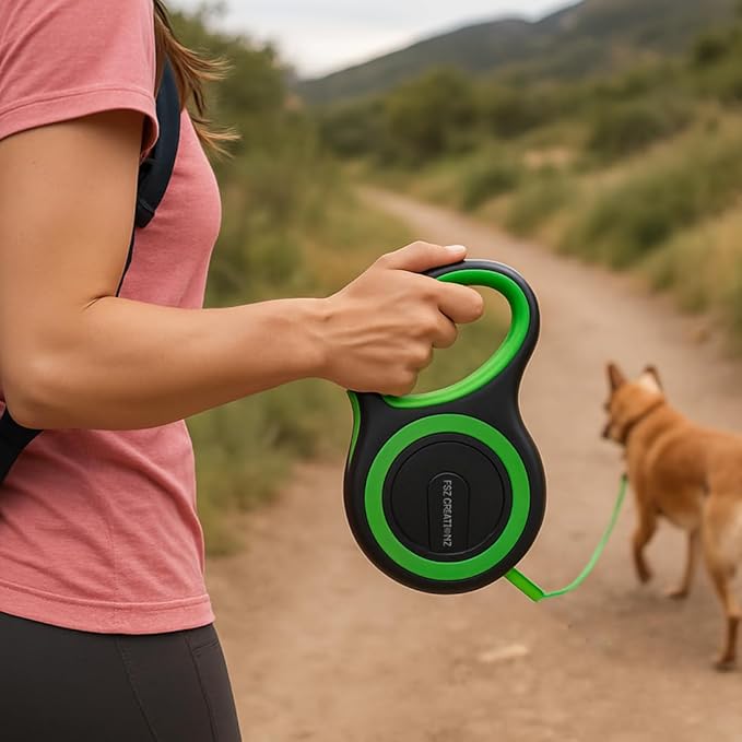 Retractable Dog Leash – 5M Strong Non Chew Nylon Lead with 360° Swivel Hook, One-Touch Lock, Ergonomic Anti-Slip Handle – Green on Black Neon Pet Leash