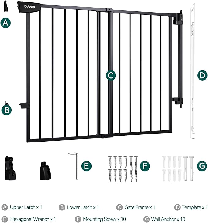 Babelio 34" Tall No Bottom Bar Baby/Dog Gate for Stairs, House and Doorways, 29.7-46.5" Auto Close Safety Pet Gates with Large Walk Thru Door, Hardware Mount, Black