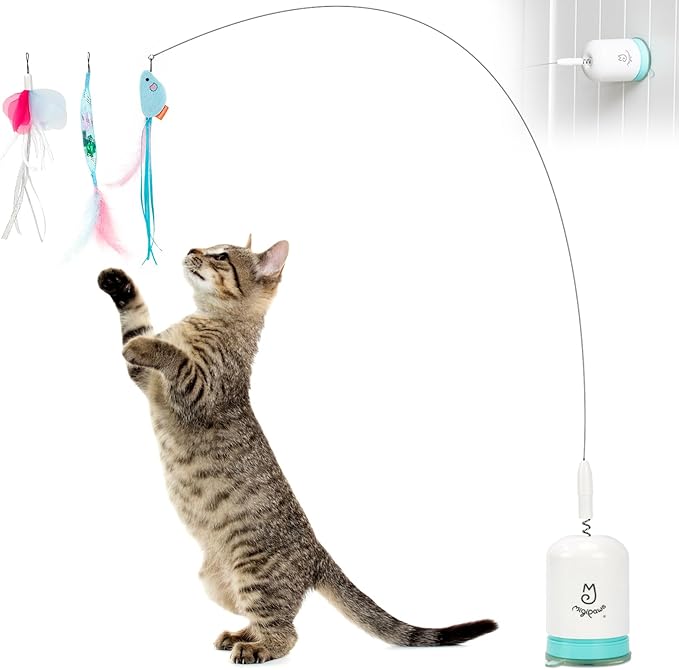 Migipaws Interactive Automatic Cat Teaser Wand Toy with Strong Suction Cup, 70cm Flexible Wire & DIY Bending Design, Rechargeable Cat Exercise Toy with Auto Timer for Indoor Cats (White)
