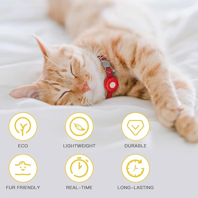 Cat Tracker,Pet Tracker for Cats Compatible with Apple Find My App(Only iOS),Waterproof Tracker Cat Collar with Safety Elastic Buckle,No Monthly Fee,Works with Any Collar (Red)