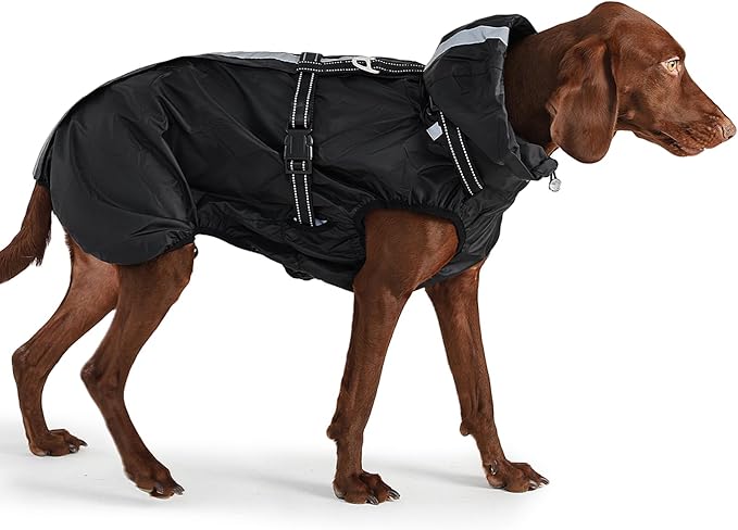 Dog Raincoat XL, Waterproof Rain Jacket for Dogs with Adjustable Built-in Harness & Back Zipper, Reflective Strip, Removable Hood,for Rainy Walks, Muddy Roads or After-Bath Outings - Black