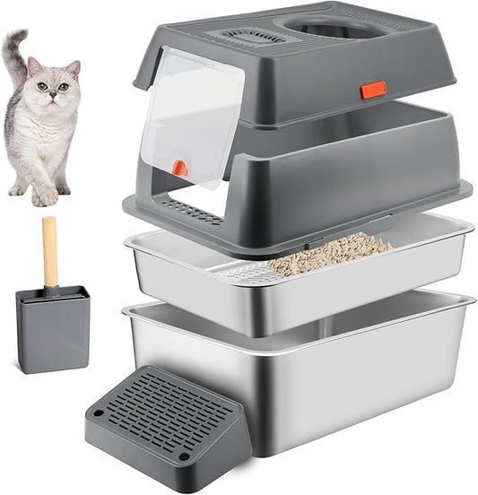 Stainless Steel Litter Box with Sifting Pan, XXL 23.6"L x 15.7"W x 17.7”H Enclosed High Sided Removable Metal Cat Litter Box withLid, Scoop, Anti-Leakage, Non-Sticky, Easy Cleaning (Dark Grey)