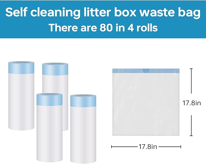 4 * 20 Count Trash Bags for Automatic Cat Litter Box Self Cleaning, Replacement Extra Large Liners for Robot Box, 4 Rolls Drawstring Waste Bags, 18 x 18 Inches（4 Rolls/80 Counts）