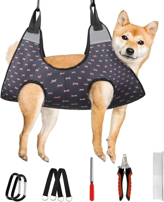 Supet Dog Grooming Hammock Harness for Dogs Cats, Relaxation Pet Nail Clipper Hammock, Restraint Dog & Large Animal Leashes Sling for Groomingk for Nail Trimming (Black Currant, L)