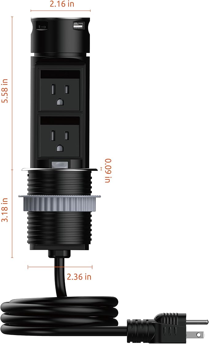 Link2Home Pop Up Outlet with 2 AC Power Outlets, 2 USB A/C Ports, 2.4A Fast Charge, Splash Resistant, Stainless Steel Retractable Socket for Kitchen Counter or Desk