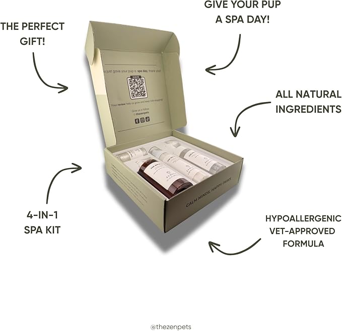 ZenSpa 4-in-1 Natural Pet Care Kit, Hypoallergenic Dog Shampoo, Leave-in Conditioner, Rinse-Free Paw Cleanser, Nose and Paw Balm, Gentle Spa Routine for Sensitive Skin