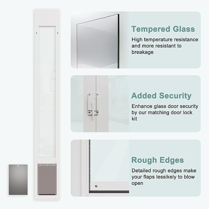 Dog Door for Sliding Glass Doors, Adjustable Height 76 1/8"-80 7/8" Aluminum Frame Tempered Sliding Door Dog Doors Insert with Lock, 7" x 11" Flap Size for Medium Dogs