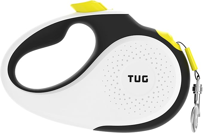 TUG 360° Tangle-Free Retractable Dog Leash with Anti-Slip Handle | 16 ft Strong Nylon Tape | One-Handed Brake, Pause, Lock (Large, White/Neon Yellow)