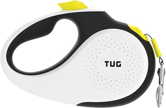 TUG 360° Tangle-Free Retractable Dog Leash with Anti-Slip Handle | 16 ft Strong Nylon Tape | One-Handed Brake, Pause, Lock (Large, White/Neon Yellow)