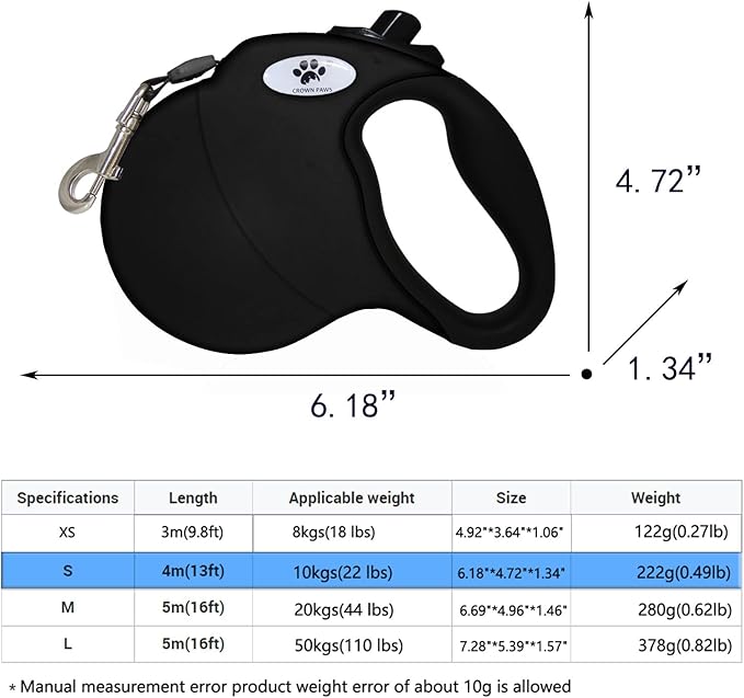 13 ft Retractable Dog Leash for Large Dogs up to 26 lbs,Tangle-Free Nylon Tape,Black S