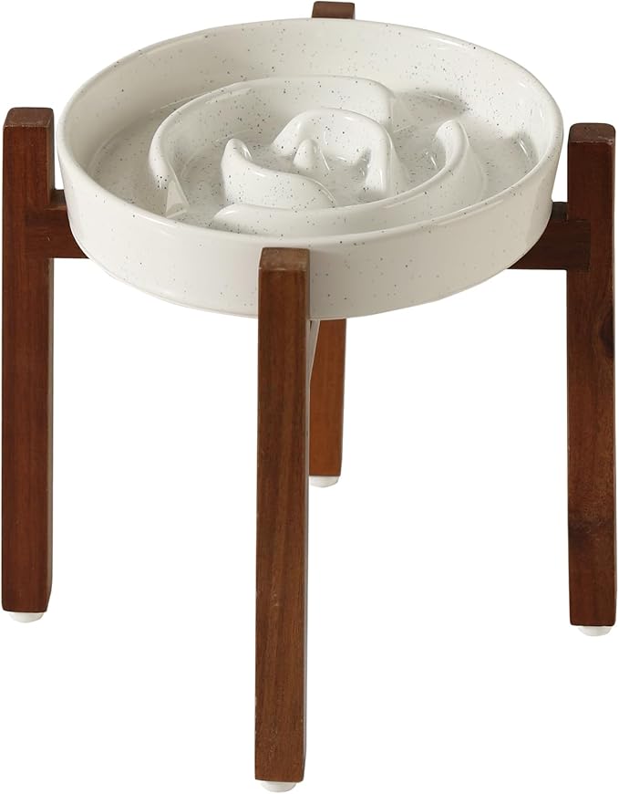 Ceramic 1.6 Cup Raised Slow Feeder Dog Bowl Set, Elevated Acacia Wood Stand for Medium and Large Dog, 8.2inch Slow Dish, Stop Bloat(Single Bowl+ Stand, Vanilla White)