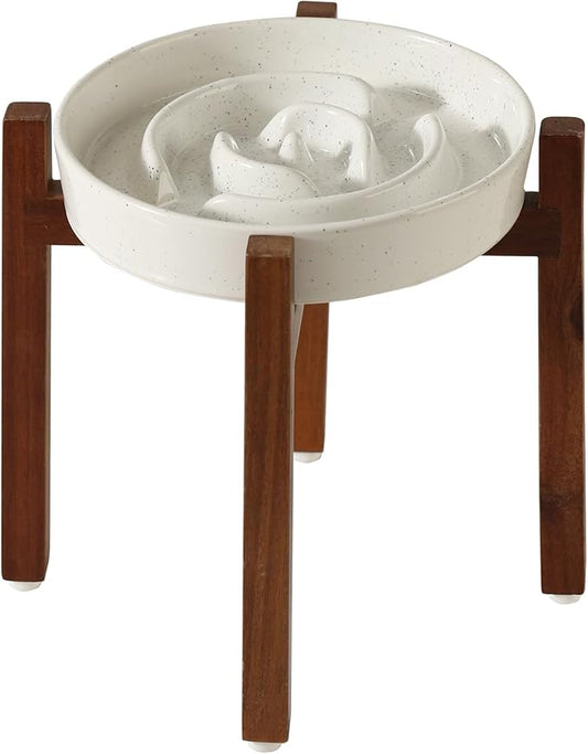 Ceramic 1.6 Cup Raised Slow Feeder Dog Bowl Set, Elevated Acacia Wood Stand for Medium and Large Dog, 8.2inch Slow Dish, Stop Bloat(Single Bowl+ Stand, Vanilla White)