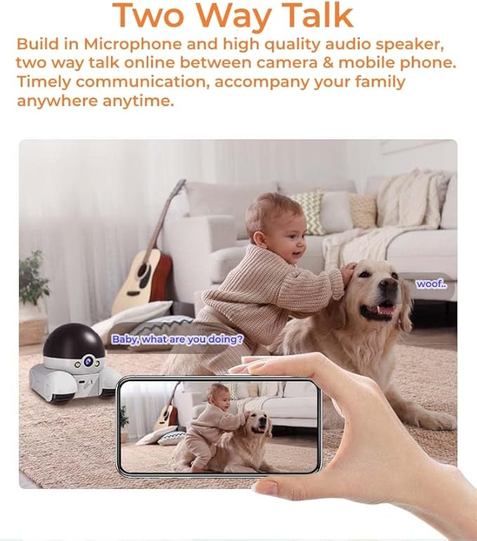 Movable 2MP+2MP Dual Lens Dual Screen Pet Robot 2.4 GHz WiFi Smart Home Security Camera P 360°/T 90° Rotation Monitoring Phone App 2 Way Audio Motion Detection Alerts Night Vision Cat Dog Camera
