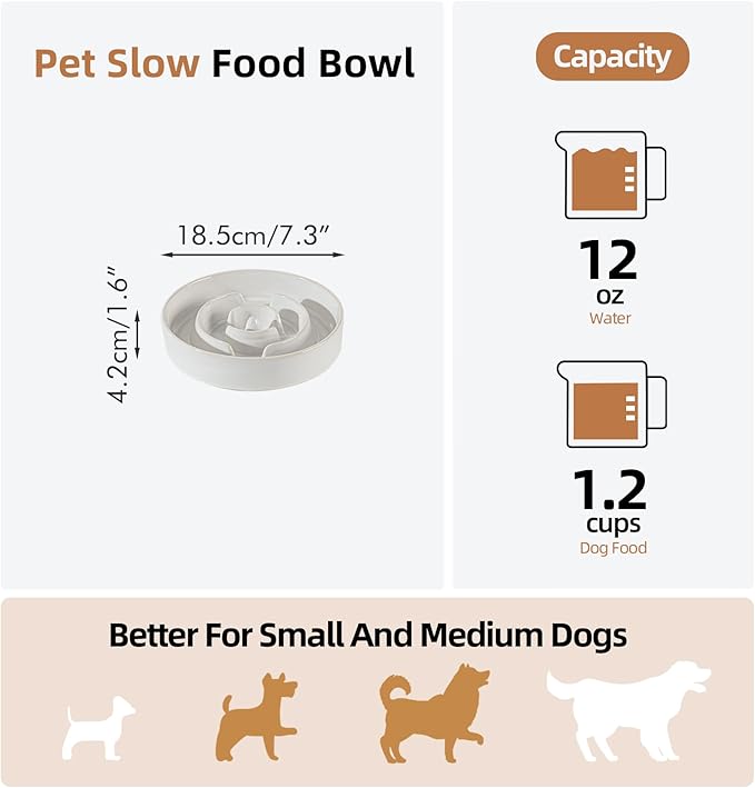 Ceramic 1.2 Cup Dog Bowl Slow Feeder for Medium and Small Dog, 7.3inch Pet Slow Dish, Stop Bloat, Preventing Choking(Single Bowl, Reactived Glaze -White)