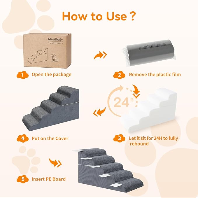 5-Steps Dog Stairs for High Bed and Couch 21.3" H, Wider Pet Stairs for Small Old Large Cats, 30° Steady Non-Slip Dog Steps Ramp with Removable Cover, PE Boards