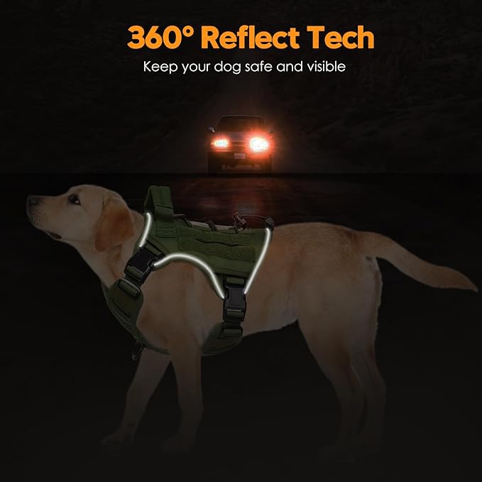 Heavy-Duty Tactical Dog Harness for Large Dogs, No Pull Adjustable Reflective Pet Vest with Molle System, K9 Military-Grade Control for Service Training, Outdoor & 10+ Breeds, Green, Medium