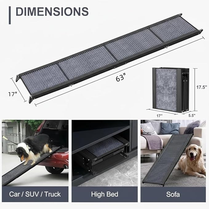 Dog Ramp for Car, Folding Portable Pet Ramp with Non-Slip Surface, Holds Up to 250lbs, Non-Slip 63" Large Dog Stairs for Bed, SUV & Truck