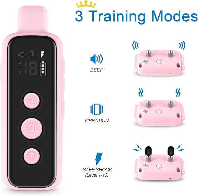 Bousnic Dog Shock Collar for 2 Dogs - (8-120lbs) Waterproof Rechargeable Electric Dog Training Collar with Remote for Small Medium Large Dogs with Beep Vibration Safe Shock Modes(Pink)