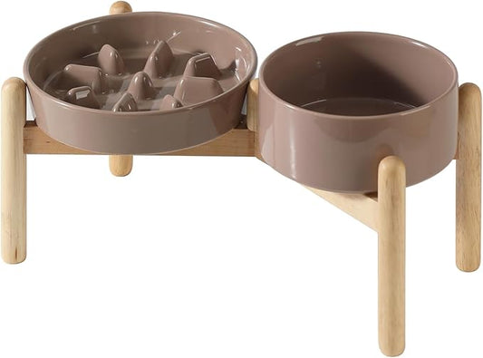 Ceramic 1.2 Cup Raised Slow Feeder Dog Bowl Set, Elevated 6.1inch Bowl and 7.3inch Slow Pet Food Dish with Wooden Stand for Small and Medium Dog (2 x Brown Coffee+ Stand)