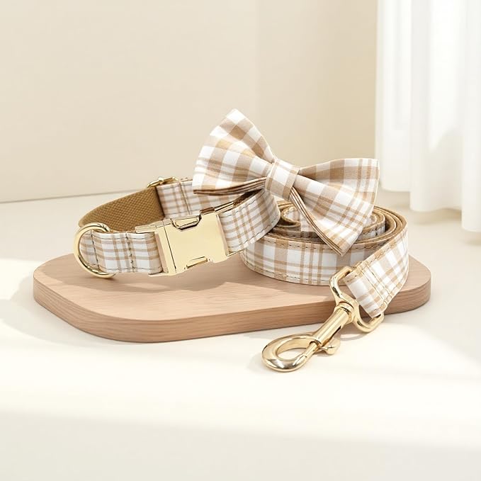 PETDURO Personalized Dog Collar Brown Plaid for Large Medium Dogs | Engraved Name and Phone Number on Gold Metal Buckle for Boys & Girls | Add Leash & Bow Tie via Customize Now