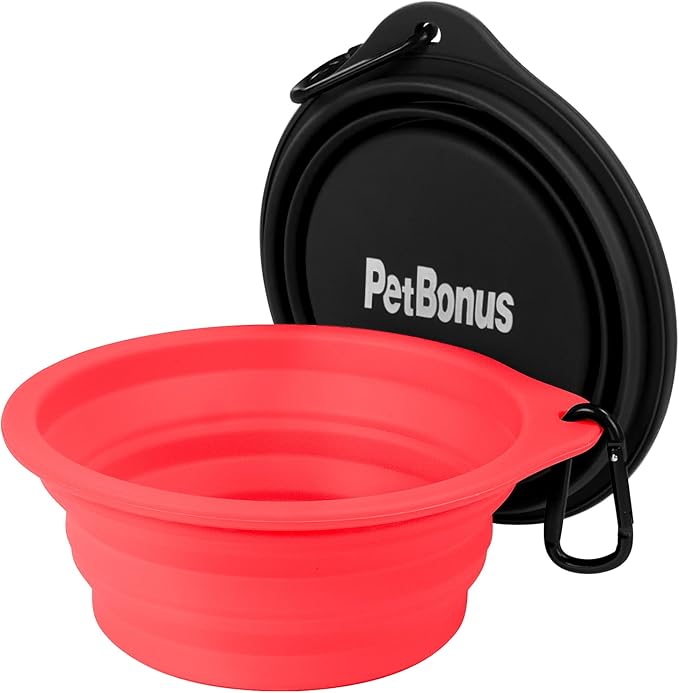 PetBonus 2-Pack Silicone Collapsible Dog Bowls, BPA Free Dishwasher Safe, Portable Foldable Expandable Travel Bowl, Food Water Feeding Cup Dish for Dogs Cats with 2 Carabiners (Black, Red)