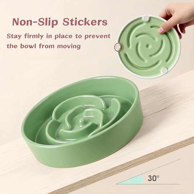 TRUVIC Ceramic Slow Feeder Dog Bowls, 1.5 Cup Puzzle Slow Feeder Bowls for Fast Eaters, Ceramic Dog Food Dish no Black Chin, Puzzle Bowl for Medium Dogs, Green