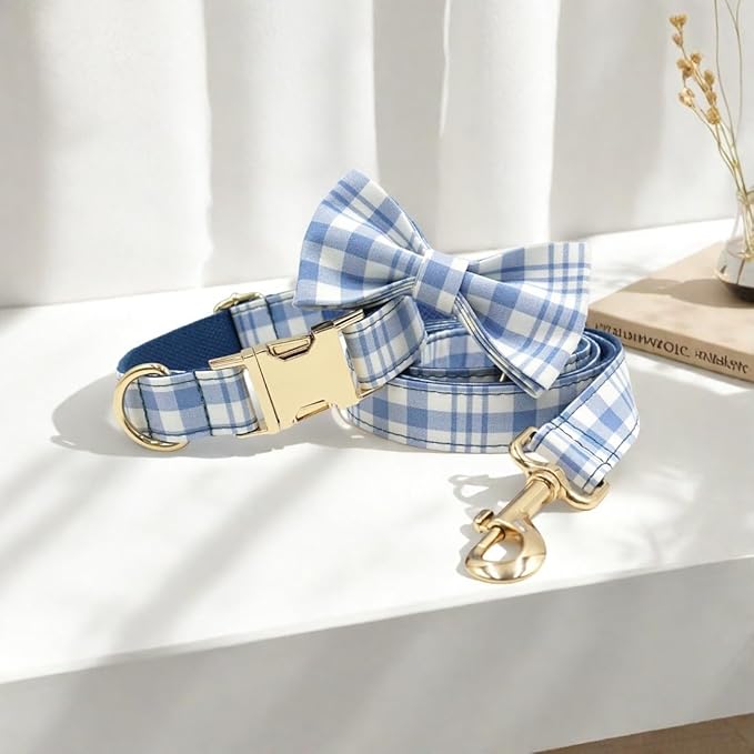 PETDURO Personalized Dog Collar Navy Blue Plaid for Large Medium Dogs | Engraved Name and Phone Number on Gold Metal Buckle for Boys | Add Leash & Bow Tie via Customize Now