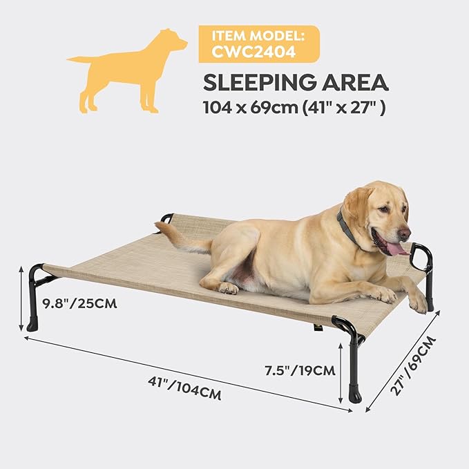 Veehoo Elevated Dog Bed, Raised Dog Cots for Large Dogs, Waterproof Outdoor Dogs Bed, Cooling Pet Hammock with Guardrail, Upgraded Non-Slip Feet, Breathable Teslin Mesh, Beige Coffee, 41x 27 inches