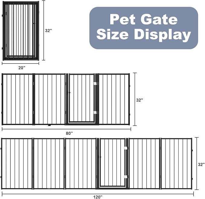 Free Standing Dog Gate with Door,120'' Extra Wide 32'' Tall Metal Dog Gates for Doorways, Foldable Pet Gate Fence Indoor & Outdoor for Stairs,Hallways,Decks,Porch,Yard (6 Panels,Black)