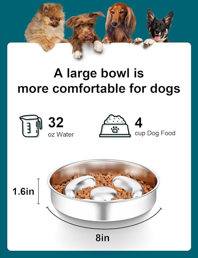 Slow Feeder Dog Bowl Stainless Steel，8-inch Diameter Dog Slow Feeder Bowl，Heavy Duty with Non-Slip Rubber Base，4Cups Capacity for Medium & Large Dogs to Slow Down Eating