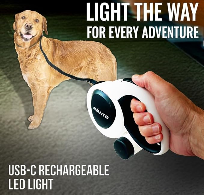 AVANTO Retractable Dog Leash with Flashlight, 16ft Heavy Duty LED Night Safety Leash for Dogs up to 110lbs – 360° Tangle-Free, USB Rechargeable Light, Waste Bag Dispenser, One-Hand Brake & Lock