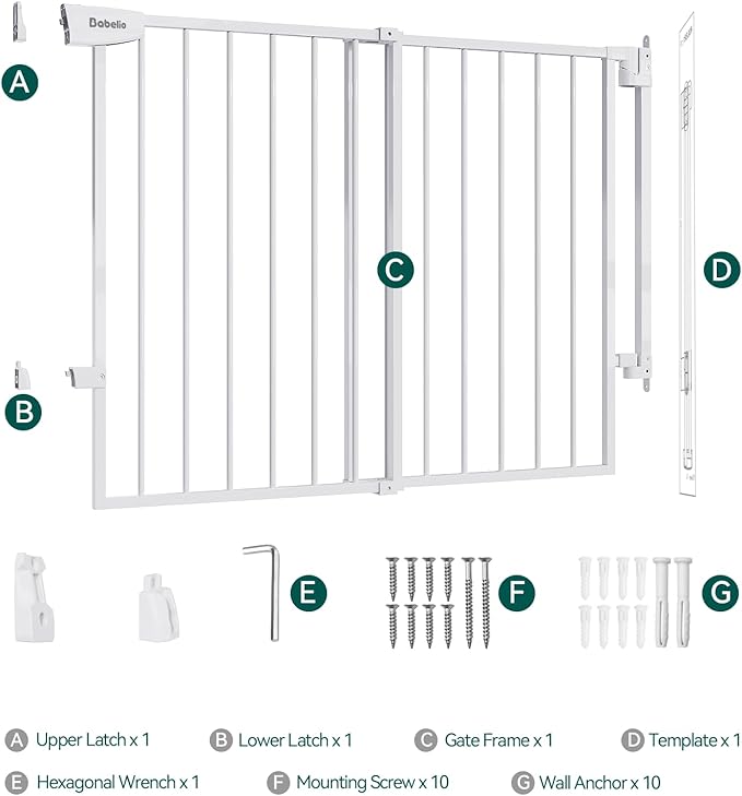 Babelio 29.7-46.5" No Bottom Bar Baby/Dog Gate for Stairs, House and Doorways, Auto Close Safety Pet Gates with Large Walk Thru Door, Hardware Mount, White