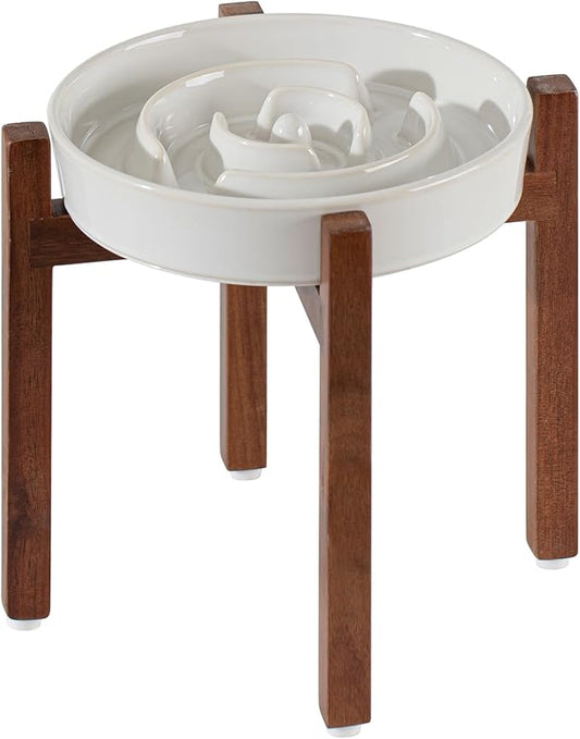 Ceramic 1.6 Cup Raised Slow Feeder Dog Bowl Set, Elevated Acacia Wood Stand for Medium and Large Dog, 8.2inch Slow Dish, Stop Bloat(Single Bowl+ Stand, Reactived Glaze -White)