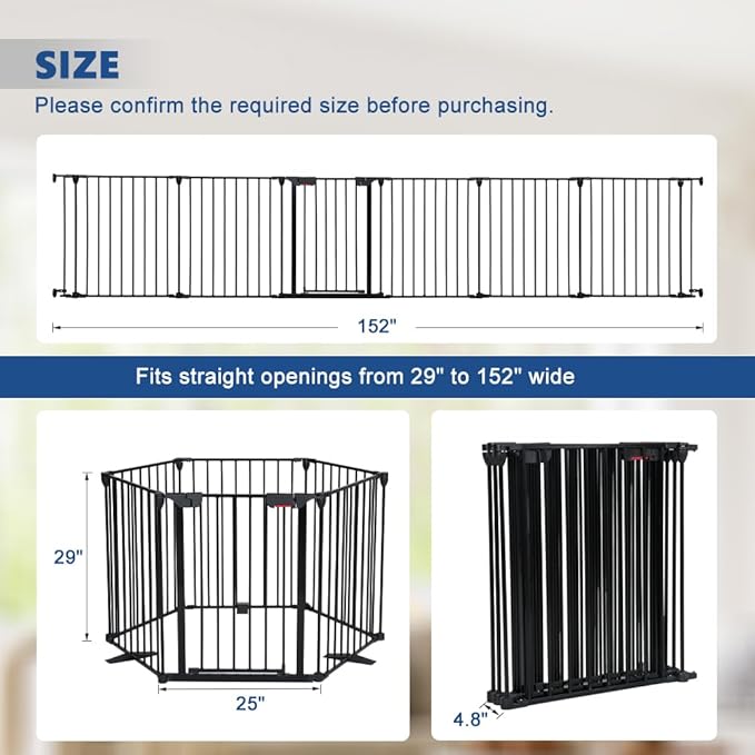 Freestanding Dog Gates with Door Walk Through, Extra Wide Doggy Door 150" W x 29" H Pet Gate Safty 6 Panels Dog Fence for Stairs, Doorways