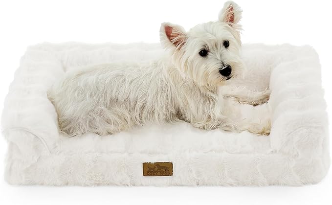 Faux Rabbit Fur Orthopedic Dog Bed, Dog Bed for Medium Size, Supportive Foam Pet Sofa with Waterproof Lining Cover, Washable U-Shaped Pet Couch with Anti-Slip Bottom, Beige M 30x20x6.5 inch