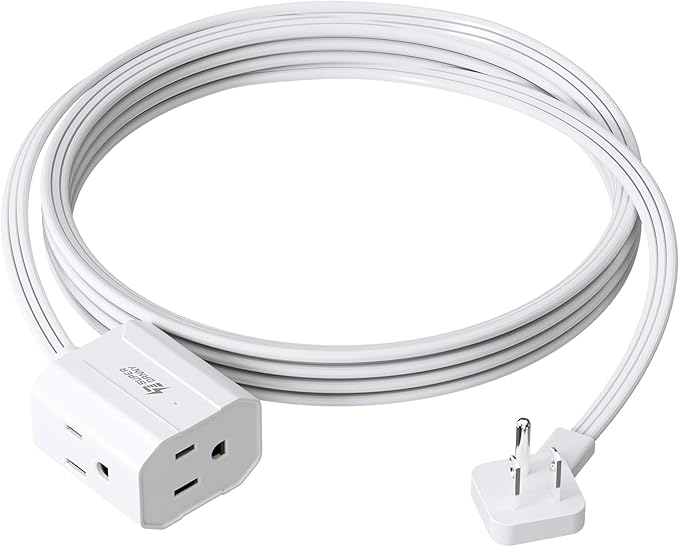 Extension Cord 10ft SUPERDANNY Mini Power Strip Ultra Right Angled Flat Plug for Tight Spaces,Indoor Extension with 3 Outlets,for Office Home Appliances,Non Surge Protector for Travel Cruise,White