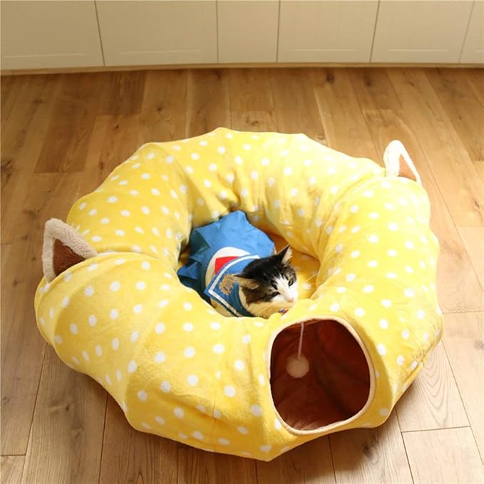 AUOON Cat Tunnel Bed - Christmas Tree Cat Tunnel, Cat Donut Tunnel with Soft Plush Circle Cushion for Indoor Cats Kitten Kitty Puppy Rabbit Ferret (Yellow)
