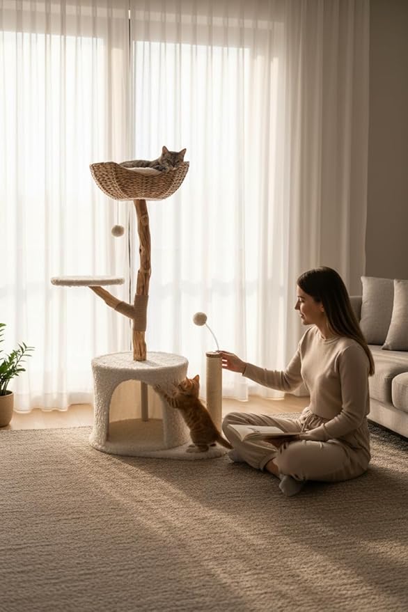 Real Wood Modern Cat Tree Tower for Indoor Cats – Multi-Level Stylish Cat Condo with Woven Basket, Plush Cushions, Scratching Post, Cave & Toys, White