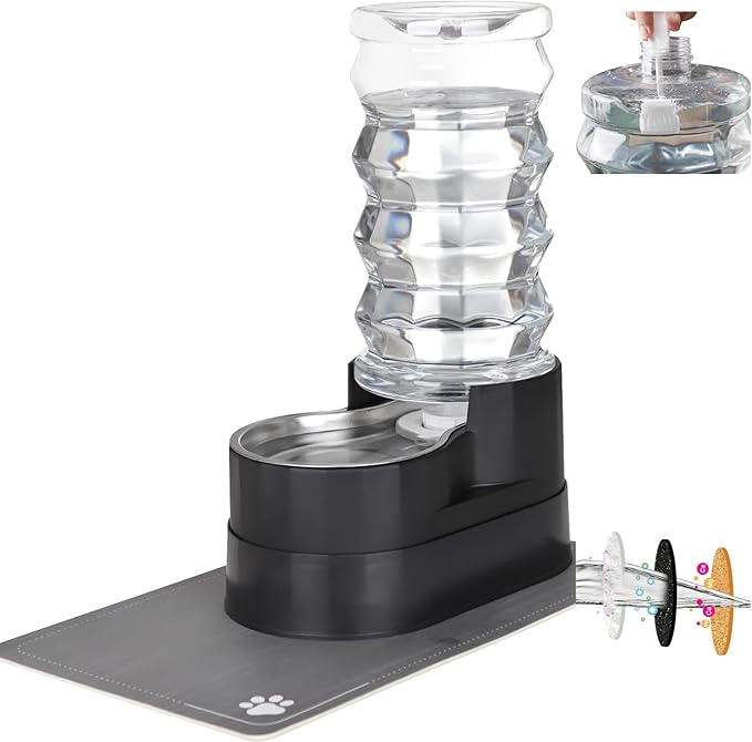 RIZZARI Large Water Dispenser for Dogs: 8L Raised Gravity Black Automatic Stainless Steel Waterer with Specialized Brush and Triple Filter for Senior Dogs - Good for Spine - in Bedroom Garden