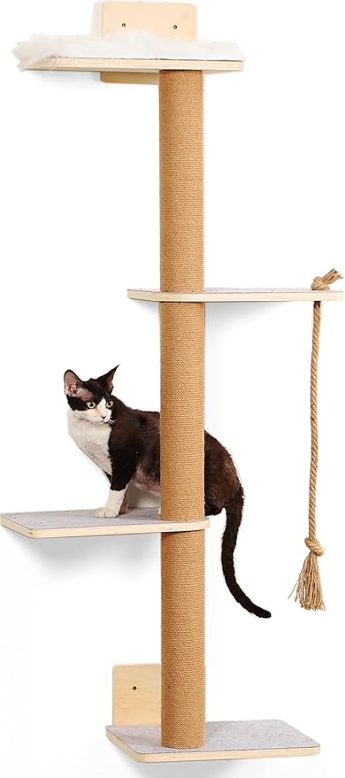 Wall Mounted Cat Tree,50 Inch Tall Wall Cat Tree,4 Tier Cat Climbing Wall Shelves with Scratcher Post for Indoor Cats Activity,Cat Wall Furniture with Soft Felt Pads & Cushion