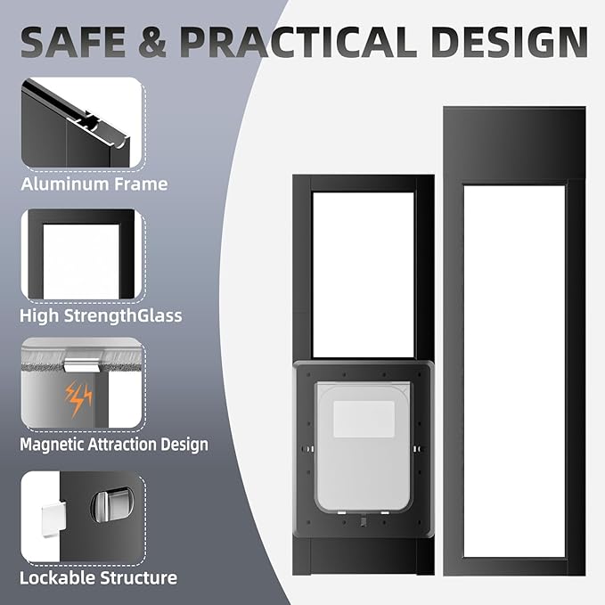 Dog Door for Sliding Glass Door with Magnetic Plastic Flat, Sliding Pet Doggie Door Insert with Lock, Adjustable Height No-Cut Required Doggy Door Access for Renters, Apartments, Patio (Black, L)