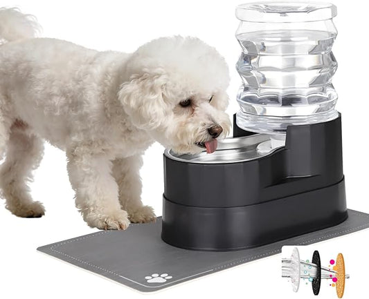 RIZZARI Automatic Cat Water Dispenser: Black 5L Elevated Feeder with Specialized Brush and Triple Filtration - Stainless Steel Gravity Bowl - Leakproof Base for Indoor Pets