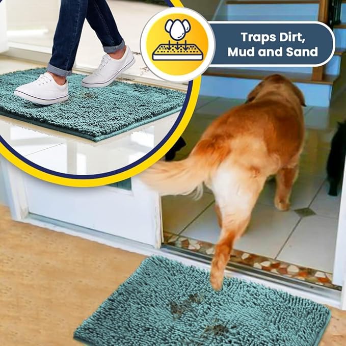 Muddy Mat® Shown on TV–Super Absorbent Microfiber Dog Door Mat for Muddy Paws, Non-Slip Washable Pet Rug, Quick Dry Chenille Entryway Carpet, Machine Washable Indoor Outdoor mat–Seafoam Green 35"x24"