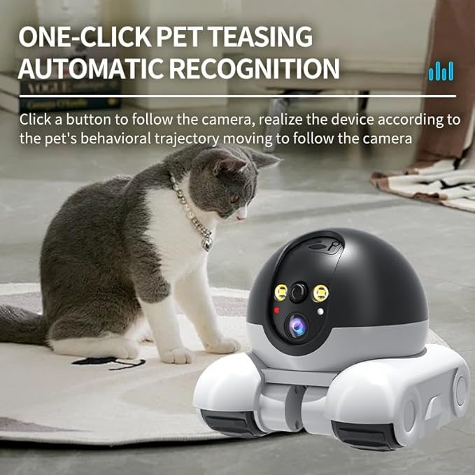 Movable 2MP+2MP Dual Lens Dual Screen Pet Robot 2.4 GHz WiFi Smart Home Security Camera P 360°/T 90° Rotation Monitoring Phone App 2 Way Audio Motion Detection Alerts Night Vision Cat Dog Camera
