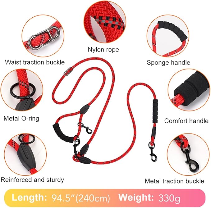 Cymiler Hands Free Dog Leash, 8 Ft Reflective Cross-Body Pet Rope Leashes with Sponge Handle, Heavy Duty Nylon, for Running, Hiking, Training, Waist Leash for Small Medium Large Dogs (Red)